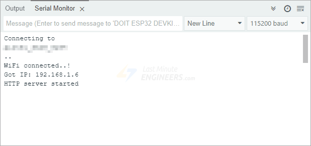 Serial Monitor showing the STA server started and IP address